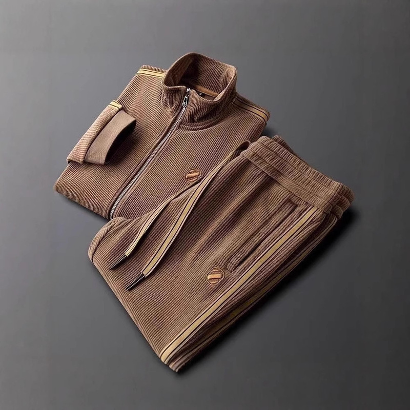 Light Luxury Autumn and Winter Warm Solid Color Casual Sports Suit Slim Fit Trendy Jacket Men's Straight Striped Two-Piece Set Light Luxury Autumn and Winter Warm Solid Color Casual Sports Suit Slim Fit Trendy Jacket Men's Straight Striped Two-Piece Set