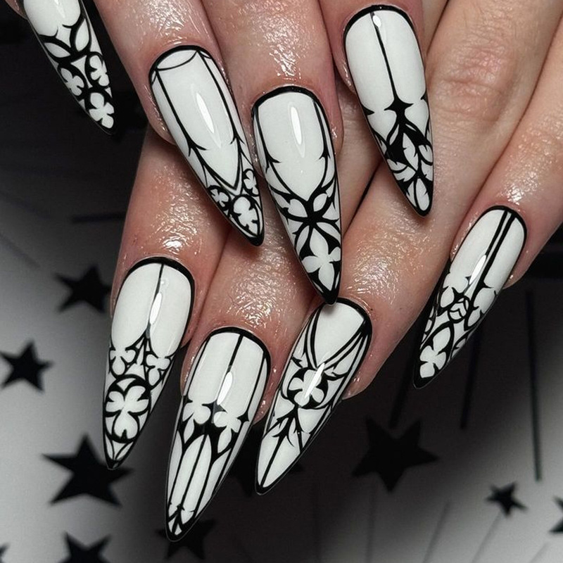 Gothic style wearing armour long almond nail art detachable black and white fake nails wholesale