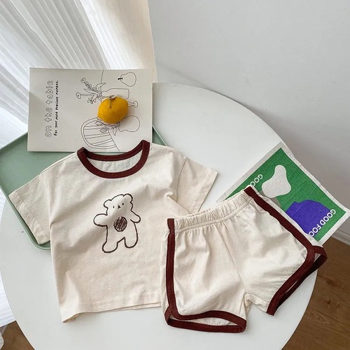 ins Korean style summer male and female baby two-piece set cute cartoon waving bear short-sleeved shorts home clothes set