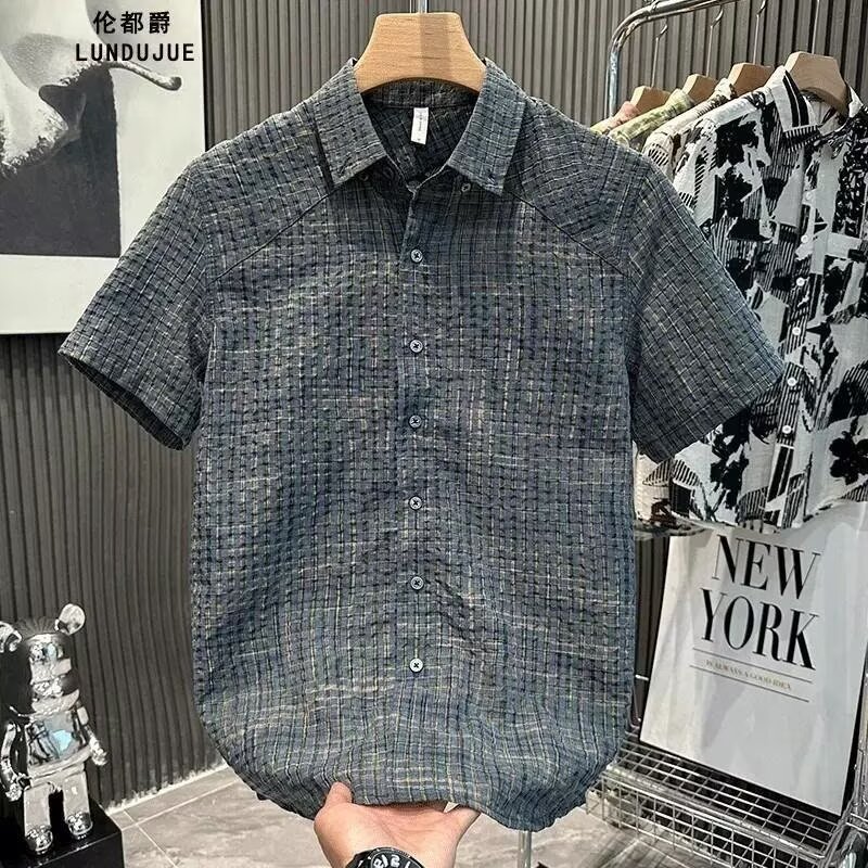 Trendy Retro Plaid Outer Shirt Summer 2025 New Casual Men's Niche Design Lapel Versatile Short Sleeves