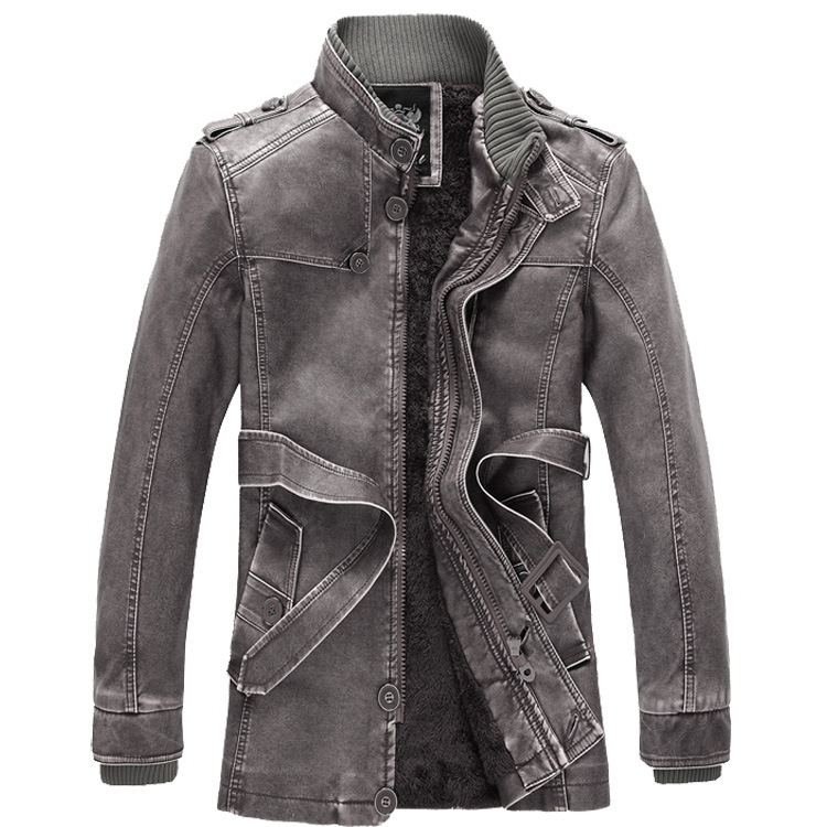 Comercio exterior 2022 otoño y invierno nuevo hombre medio largo casual chaqueta de cuero pu cuello cinturón delgado chaqueta joven