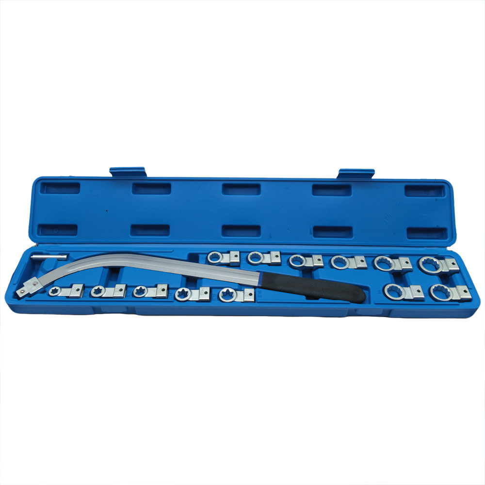 15-piece automotive engine belt tool set, including adjustable wrenches, belt pulley removal and installation tools, and tensioner tools, specifically designed for automotive repair