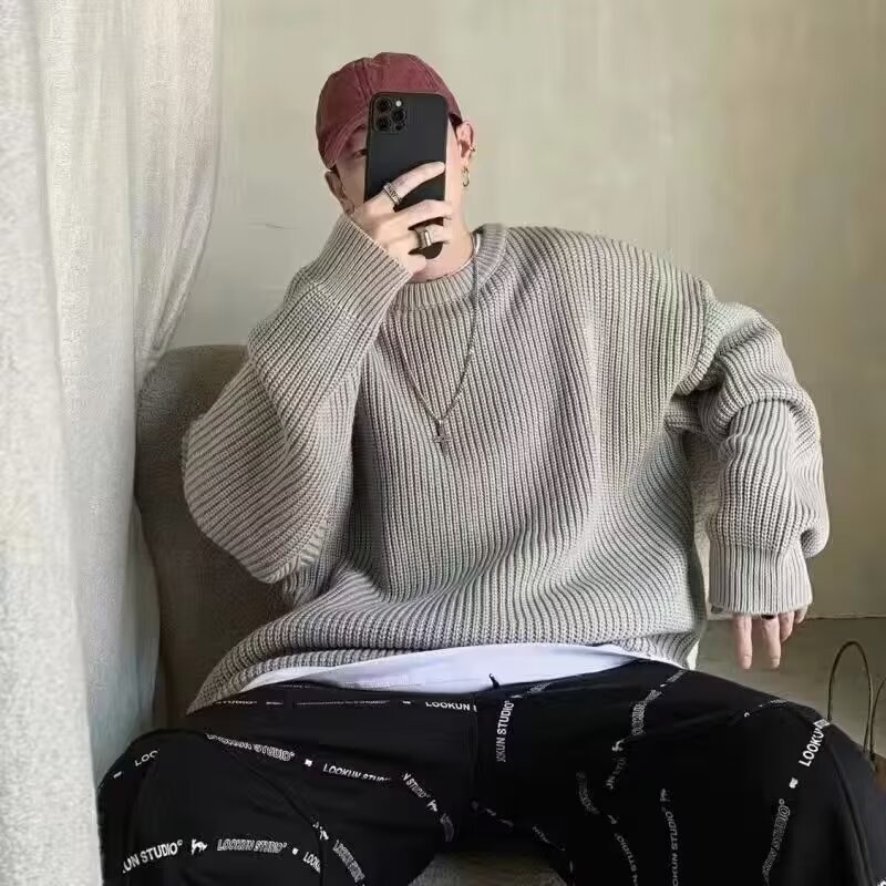 2023 Solid Color Pullover Sweater Men's Autumn and Winter Simple All-match Crewneck Sweater Hong Kong-style Loose Base Sweater