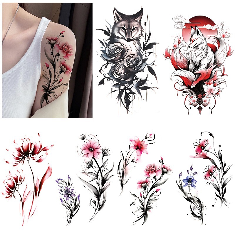 Hand-painted original cross-border in stock wholesale colorful flower Fox Phoenix women's artificial tattoo water transfer tattoo stickers