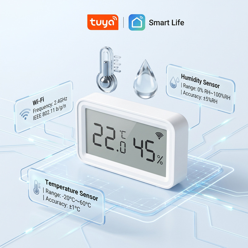 Tuya Smart Wireless Temperature and Humidity Sensor Smart Home Remote Monitoring Thermometer Hygrometer Horizontal Screen Display