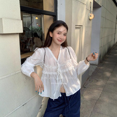 仙气上衣女法式韩系甜美微透V领系带长袖白色娃娃衫秋装法式小衫