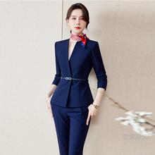 职业套装女藏青色高级V领小个子西服休闲正装裤OL气质时尚工作服