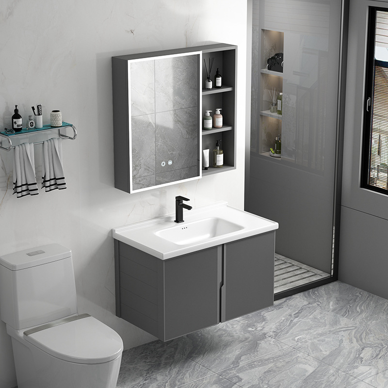 Mueble de baño de aluminio de espacio moderno simple montado en la pared lavabo gabinete combinación piscina hogar excelente cerámica roca placa cuenca integrada
