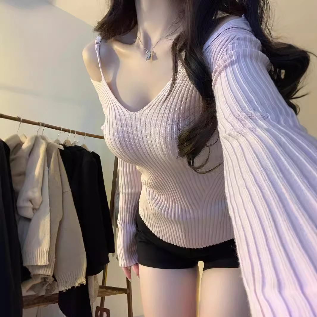 순수한 욕망 스타일 핑크 빈 오프 숄더 긴팔 스웨터 여성의 가을과 겨울 V-NECK 슬림 핏 슬리밍 내베이스 탑 트렌디