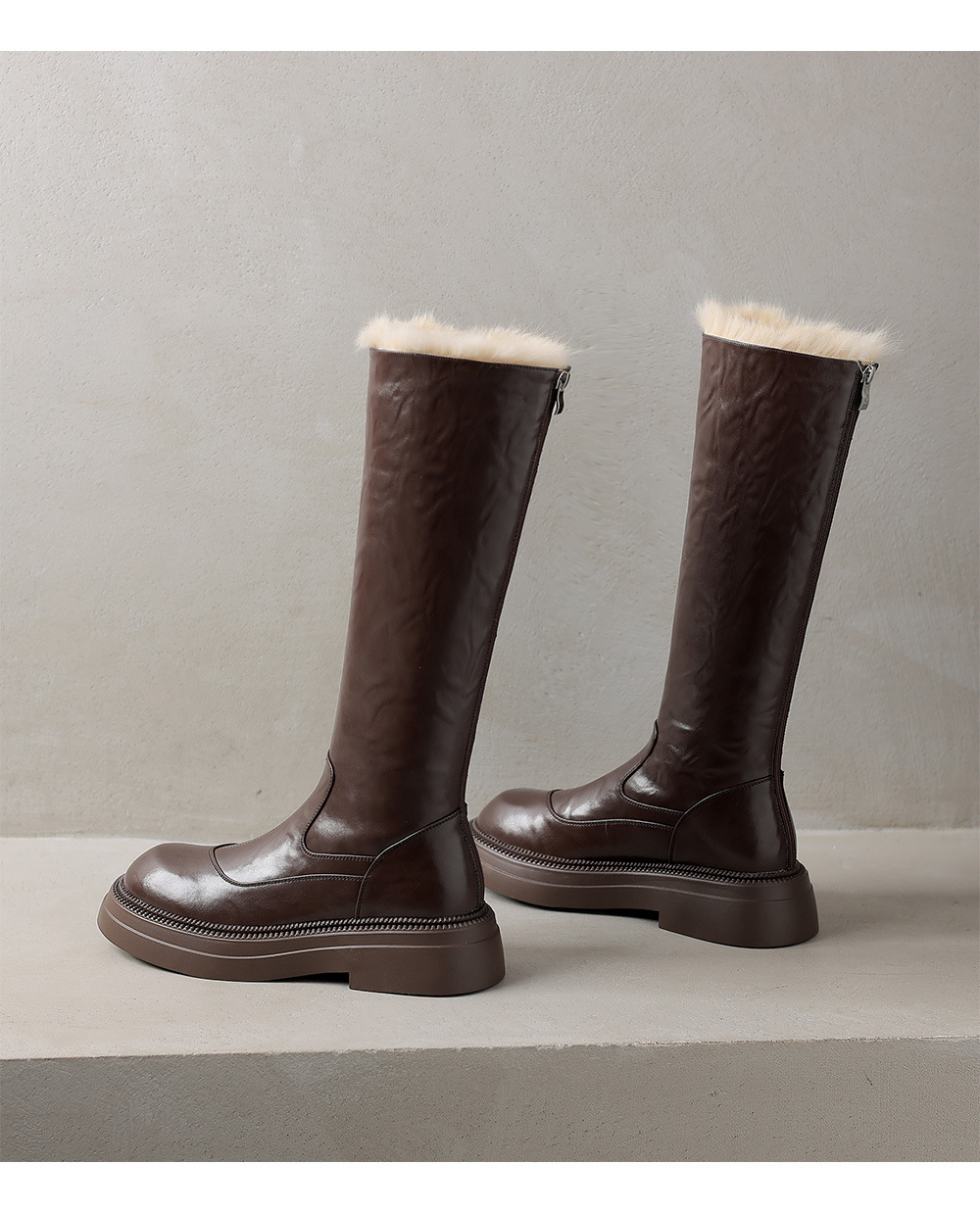 Boot nữ da thật cổ cao đế dày lông ấm mùa đông chống nước — màu nâu chi tiết 16