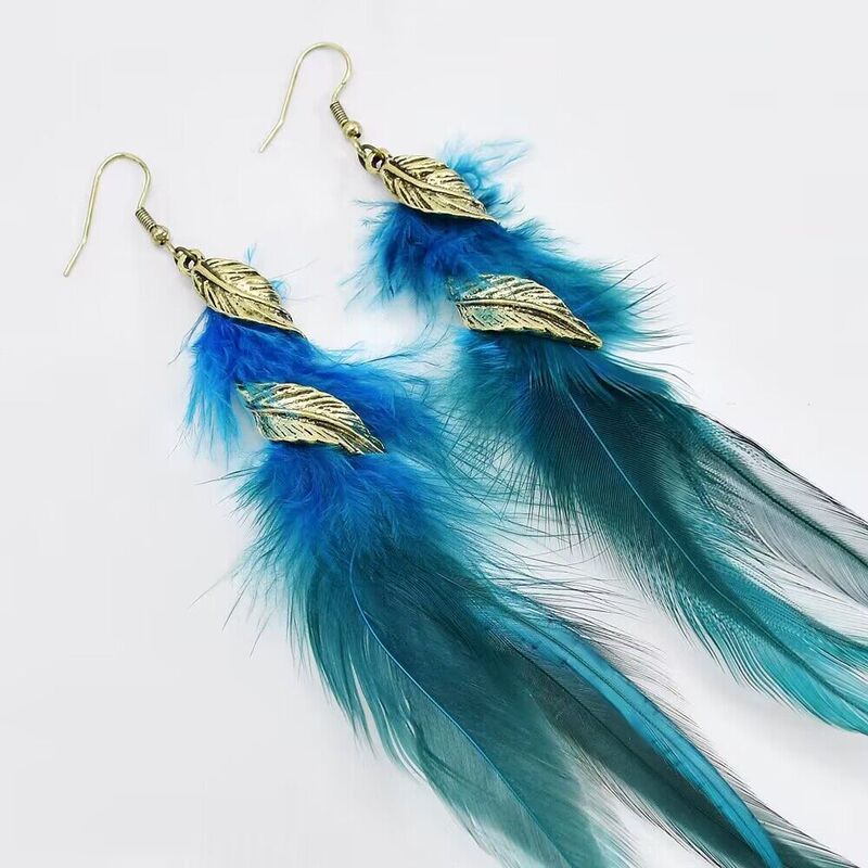 Cross-Border Bohemian Feather Earrings Long Style Ethnic Style Peacock Earrings Blue Tassel New Year Earrings for Women
