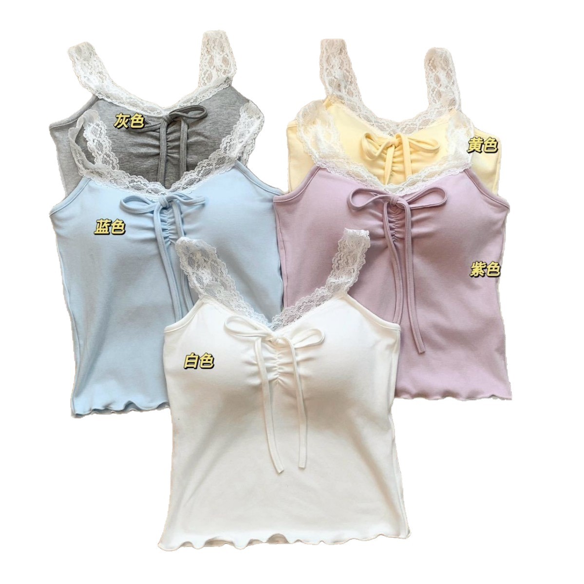 Sweet and Pure Style Bow Lace Patchwork One-Piece Bra Pad Camisole for Everyday Slim Fit Versatile Outerwear Tank Top for Women