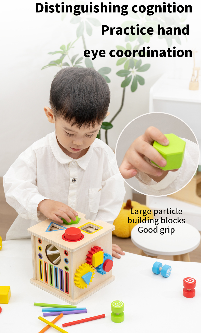 Sınır Ötesi Ahşap 8 İn 1 Montessori Erken Eğitim Kutu Şekil Renk Eşleştirme Madeni Para Atma Top Atma Eğitici Oyuncak Toptan