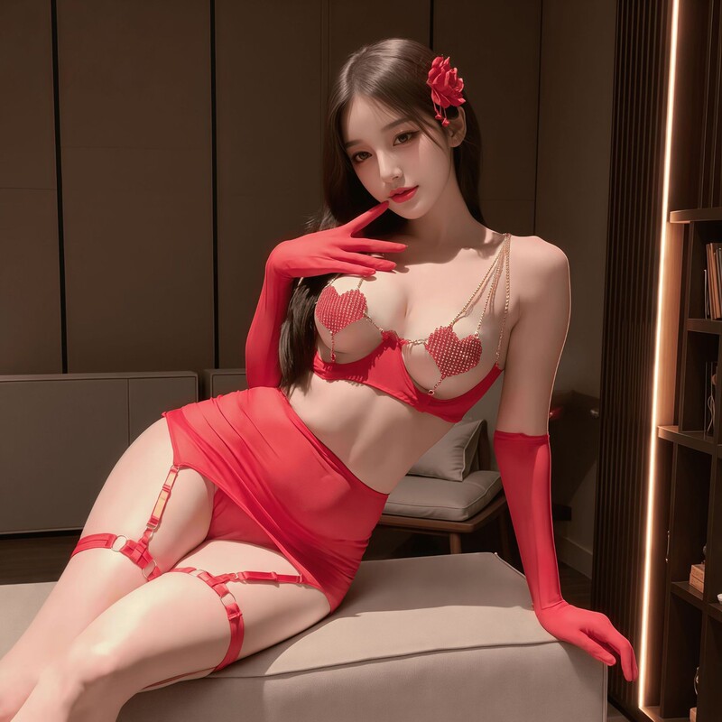 Sexy lingerie in pure desire style qqny women's sleepwear uniform see-through mesh chain seven-piece set in red and black Sexy lingerie in pure desire style qqny women's sleepwear uniform see-through mesh chain seven-piece set in red and black
