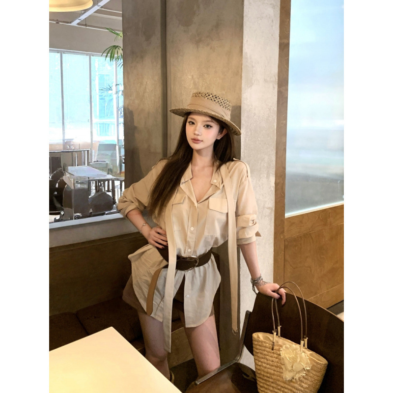 昕可达 苏黎世 卡其色苎麻姐感系带衬衣套装女高腰短裤|undefined