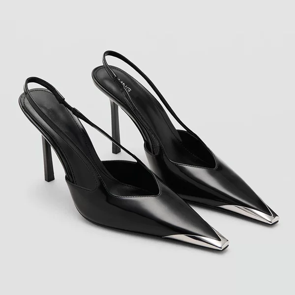 Sandals 2025 Autumn New Style Metal-Toe Women's Black Sexy Versatile Shallow Pointed-Toe Stiletto Mules for Women