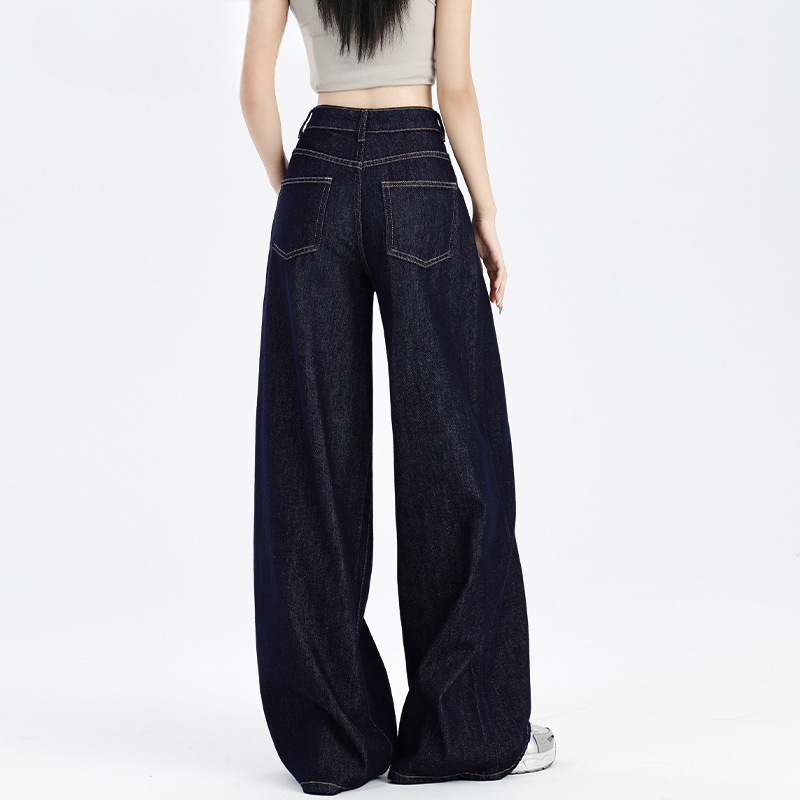 Dark Blue Wide-Leg Jeans for Women, Spring/Summer 2026, New Autumn/Winter Style, High-Waisted, Loose, Relaxed, Drapey Denim Floor-Length Pants