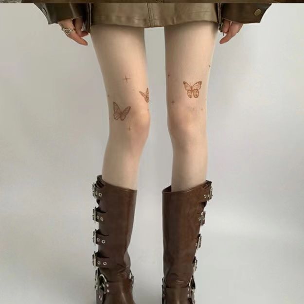 Pure desire black printed butterfly stockings women's spring and autumn leggings butterfly white silk jumpsuit white black socks