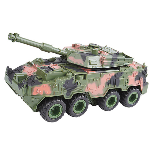 A large-scale, inertia track-based military armored vehicle toy simulation model for children, with durable and slideable features.