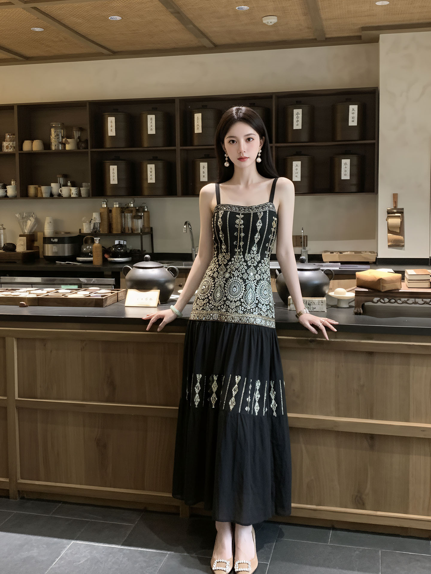 Đầm maxi nữ thắt eo phong cách tân cổ điển đính kết cườm thêu hoa — màu đen