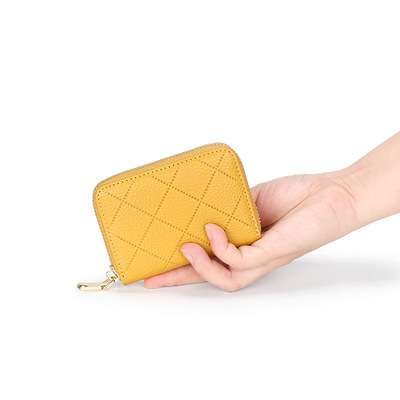 头层牛皮小卡包女式短款新款日本风琴多卡位证件包时尚菱格卡套包