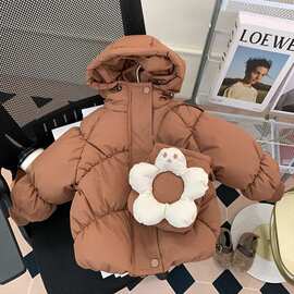女童冬装棉服外套宝宝洋气儿童个性潮牌韩版花朵包包加绒加厚棉袄