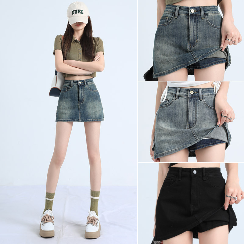 Anti-Exposure High-Waisted Denim Skirt for Women, Hong Kong Style Sexy Slimming Look Straight A-Line Hip-Hugging Short Skirt, Youthful and Trendy