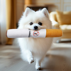 萌え犬がおもちゃのぬいぐるみをかじっています。