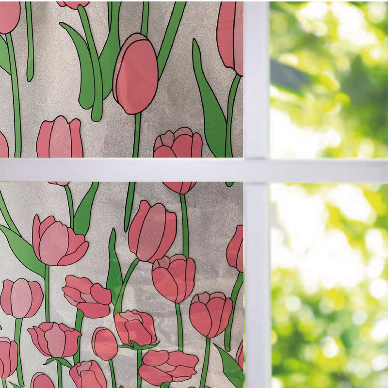 Glass Film Pink Tulip Privacy Protection Window Sticker Electrostatic Glue-Free Glass Sticker Window Decoration Glass Door