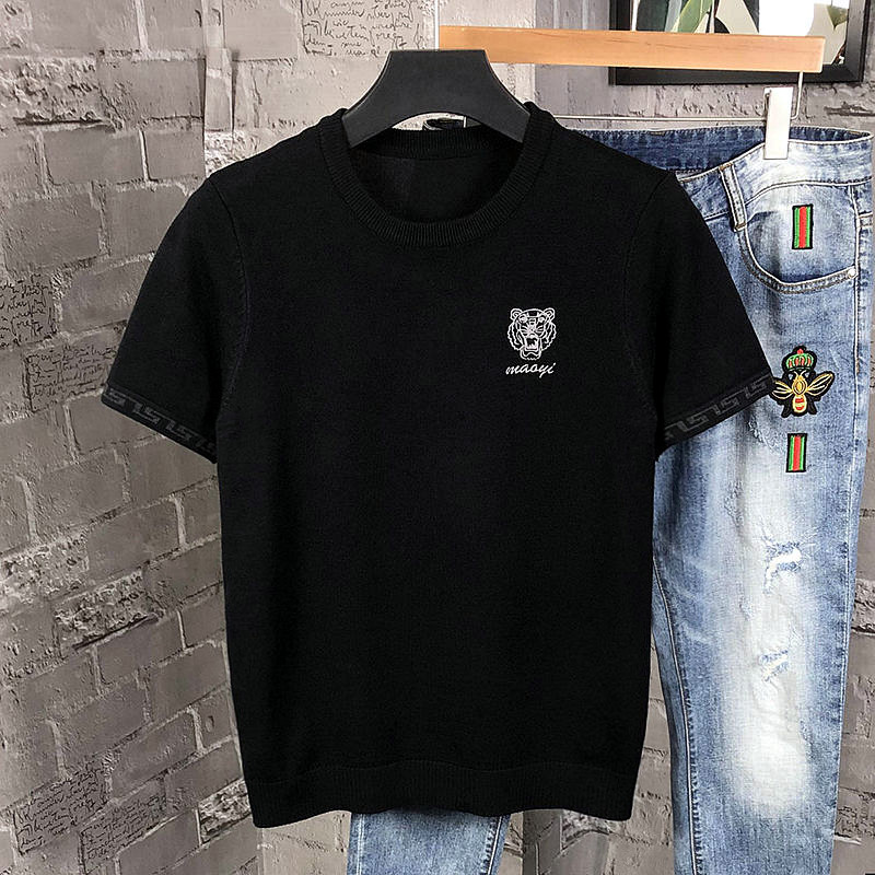 男士短袖圆领针织衫老虎头刺绣半袖修身上衣春秋新款毛衣男打底衫