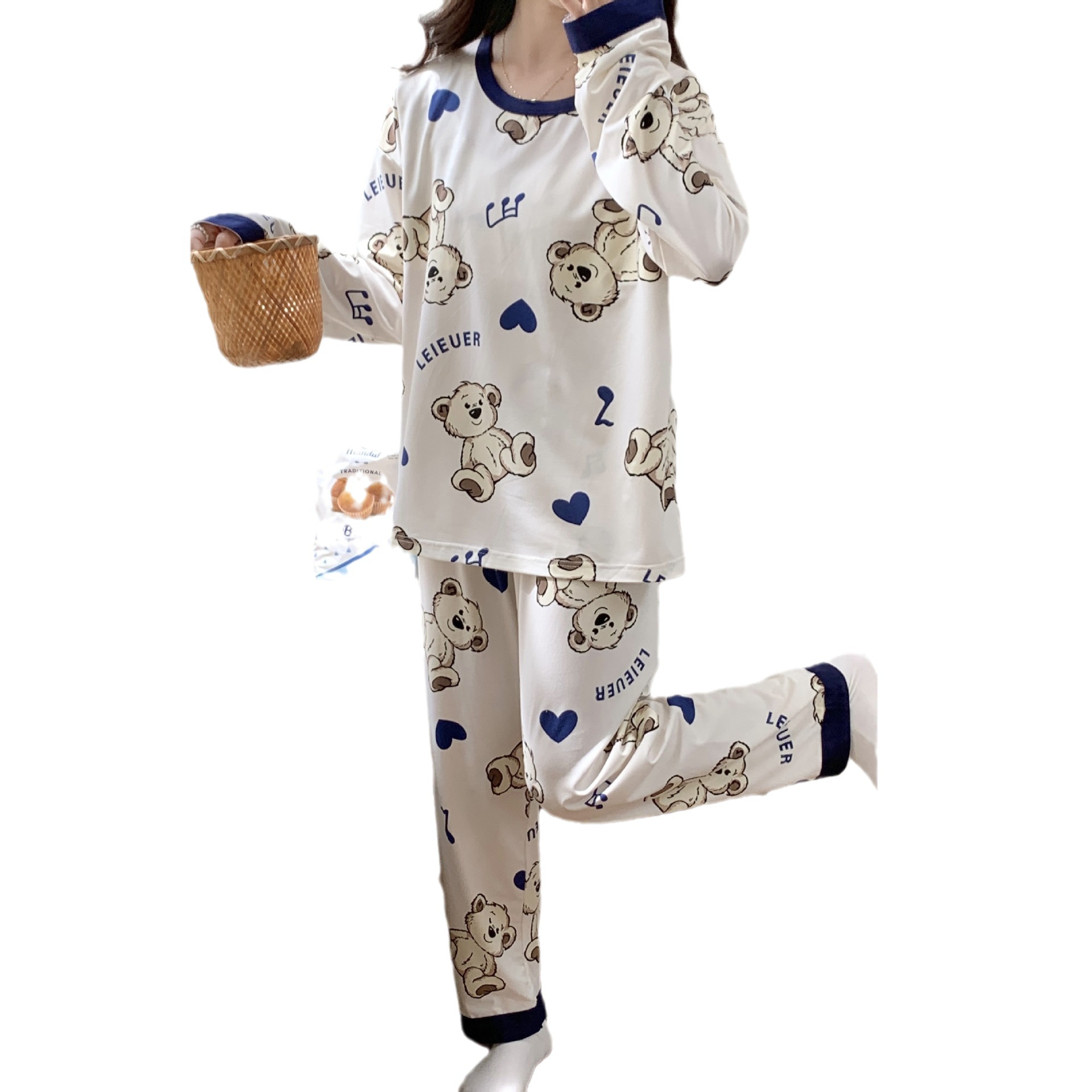 Invierno de la muchacha del oso pijamas algodón artificial cuello redondo suéter manga larga 2023 Nuevo Hogar dulce desgaste con el cojín pecho traje