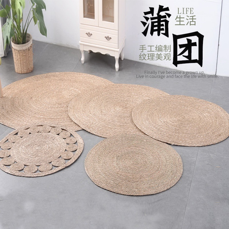 Alfombra redonda de estilo japonés tejida con junco, estilo pastoral, para sala de estar, accesorios de fotografía de ropa para el hogar, estilo bohemio