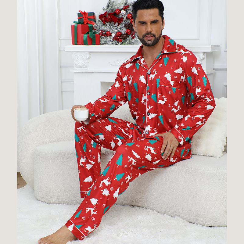 Amazon European and American Christmas Men's Long-Sleeved Trousers Pajamas Cross-Border Printed Home Clothes Set Foreign Trade Supply