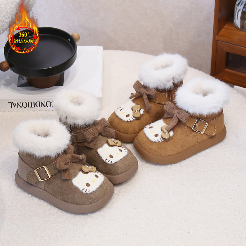 Children's Snow Boots 2025 Autumn and Winter New Style Suede Cotton Shoes for Girls Fleece-Lined Thickeneded Non-Slip Thick-Soled Mid-Calf Boots