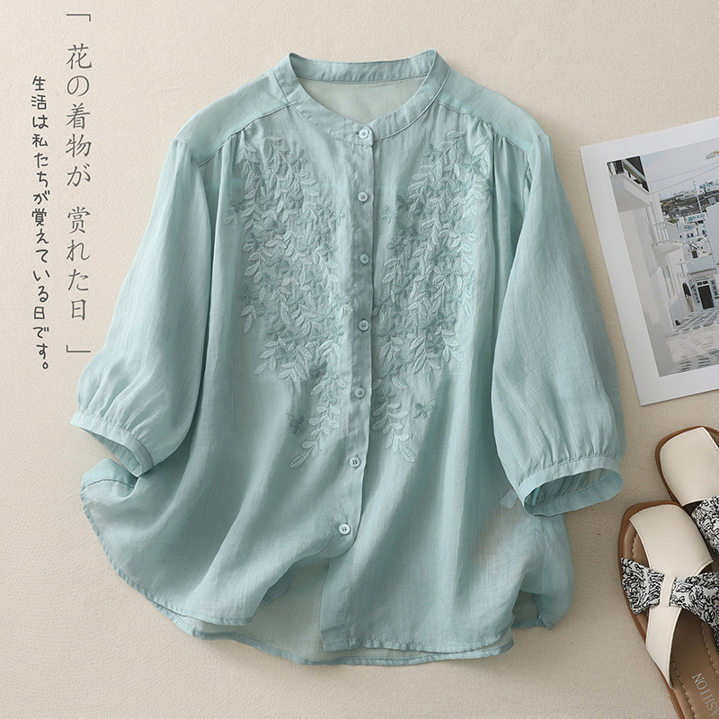 4色のエスニックスタイルのコットンとリネンの刺繍入り七分袖シャツ、女性用、シングルブレスト、レトロで多用途なトップス、2025年夏スタイルシャツ|undefined