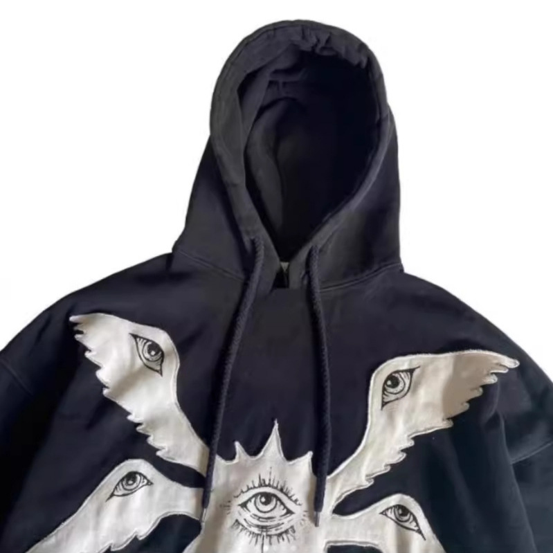 남성과 여성을위한 국경 간 고딕 천사 자수 풀오버 스웨트 셔츠 Y2K 멀티 아이 파우치 다크 루즈 긴팔 탑