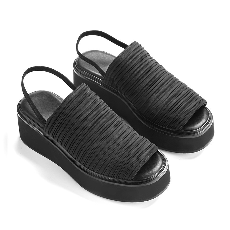 2025 New Summer Pleated Wedge Sandals, Slippers, Comfortable, Soft, Versatile, Fashionable, Round-Toe, Thick-Soled Open-Toe Women's Shoes