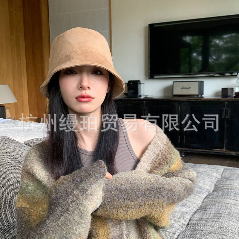 渔夫帽女春秋日系百搭麂皮绒盆帽素颜遮脸水桶帽疏离感帽子质感好|undefined