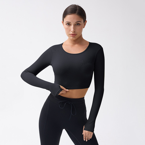Hollow sexy backless fitness clothing sports tops yoga Pilates training clothing long sleeves with chest pads that can be worn outside