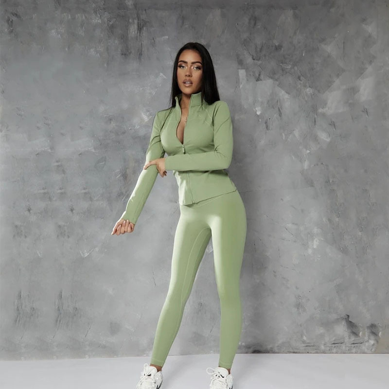 zipper solid color hip-lifting high-elastic long sleeve high waist top and pant yoga set NSBDX132801