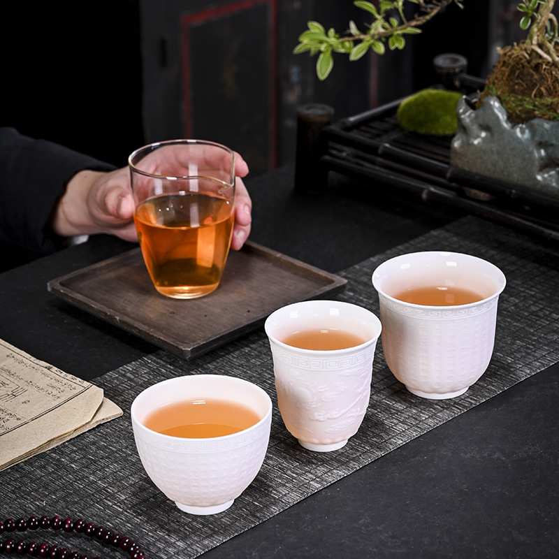양지옥 백자 찻잔 도자기 티컵 주인용 컵 단일컵 섀도우 조각 쿵푸 차 세트 차 그릇 대형