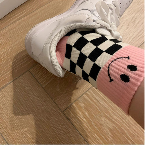 Smiley Face Grid Socks for Girls Mid-Calf Socks Korean Dongdaemun Checkerboard Socks Cartoon Smiley Color-Matched Socks Trendy Match