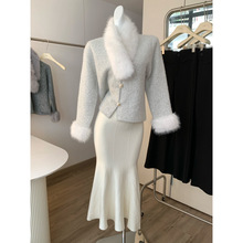 轻奢皮草小香风套装冬季围脖狐狸毛高端羽绒服气质外套长裙两件套