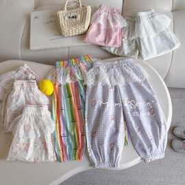 女童夏季舒适裤子宽松轻薄透气蕾丝花边中小童防蚊裤女宝宝休闲裤