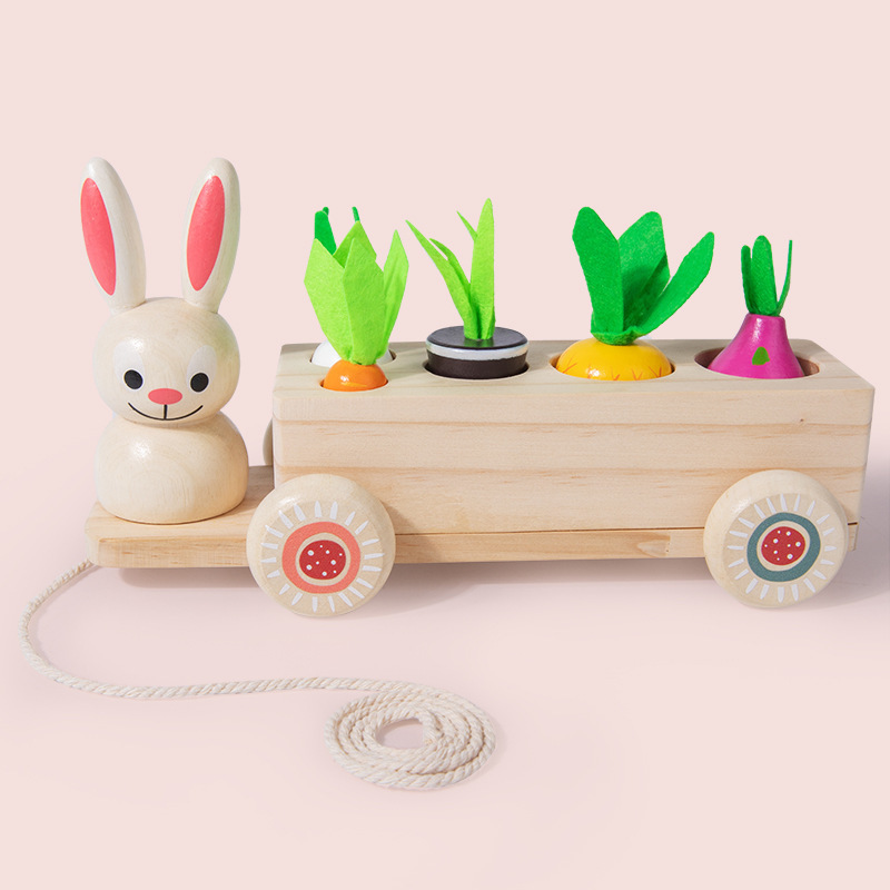 Los niños de madera animal conejo fruta vegetal tirando rábano tres-en-un carro jardín de infantes educativos juguetes de educación temprana