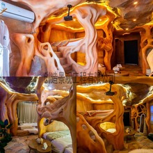 大型水泥假山门头树干民宿造成特别水池瀑布壁画假树大门雕塑设计