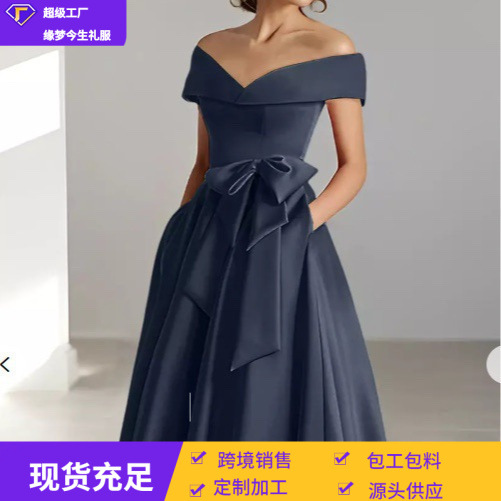 European and American Supply Satin Dress New Banquet Dress One-Shoulder Mid-Length Party Evening Dress Overseas Supply