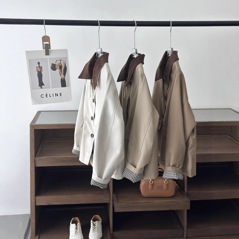 Benview【Exclusively for Physical Stores】British-Style Color-Block Corduroy Collar Trench Coat with a New Design