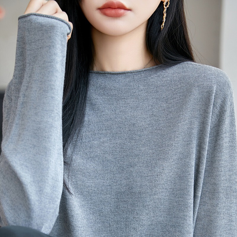 High-end ready-to-wear autumn and winter new style rolled-edge round-neck water-soluble wool knit sweater for women, thin base layer sweater for women