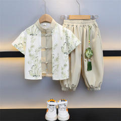 男の子韓服夏半袖スーツ 2025 新しい子供服中国風シャツボタン唐スーツツーピーストレンディセット